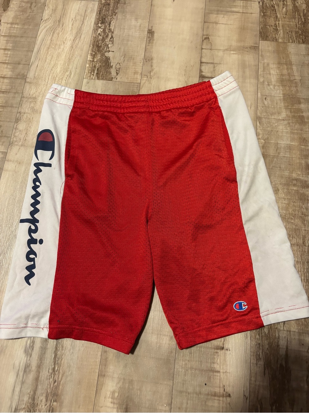 Champion Red Mesh Shorts with White Side Panels and Script Logo